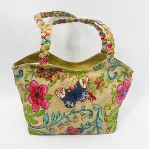 Kate McRostie Canvas Butterfly Floral Embroidered Tote Bag Braided Handles
